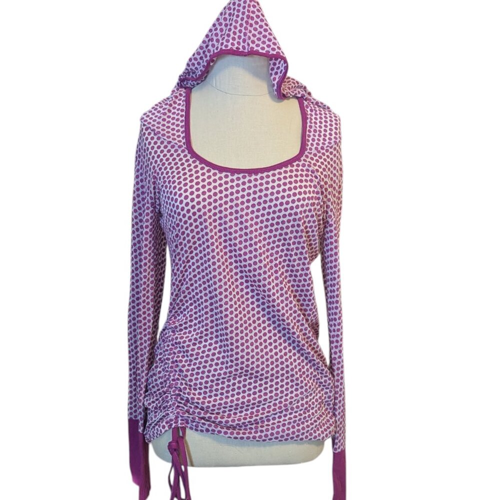 Y2K Purple Polka Dot Hoodie Ruched Side Cinch Top Prana Organic Long Sleeve Boho